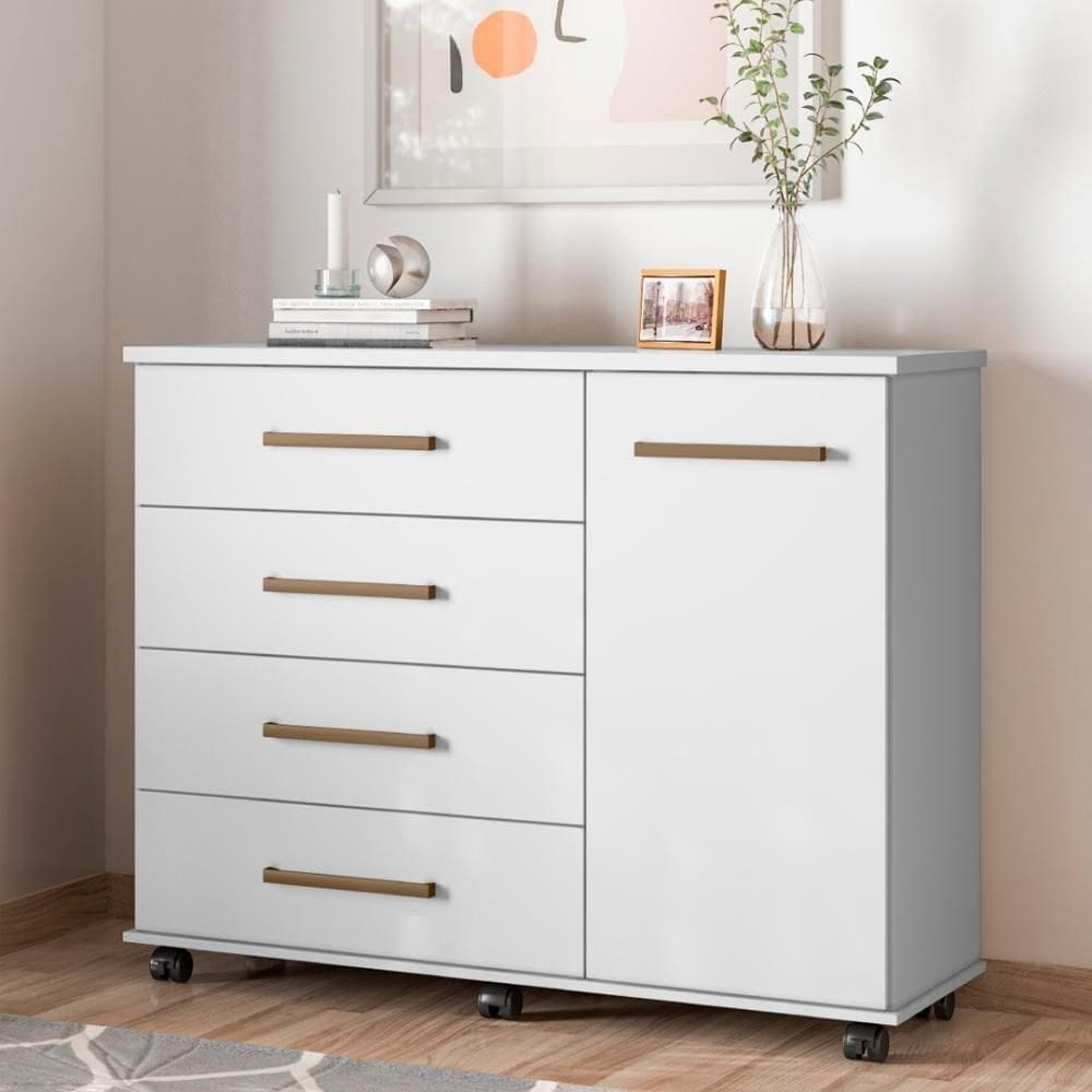 Cômoda 4 Gavetas 1 Porta Com Rodizios Flower - Branco Branco