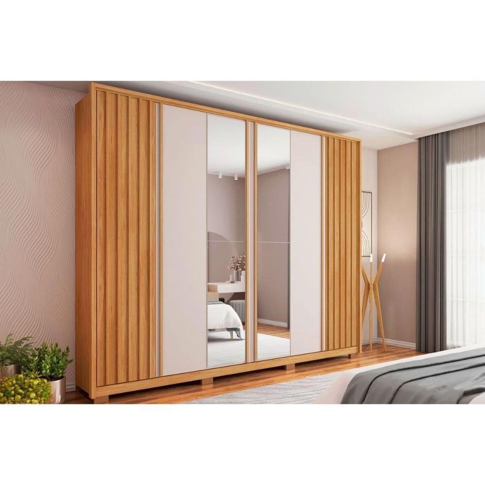 Guarda Roupa Casal 6 Portas e 4 Gavetas c/ Espelho Apollo Lux Freijo/Off White - Caemmun