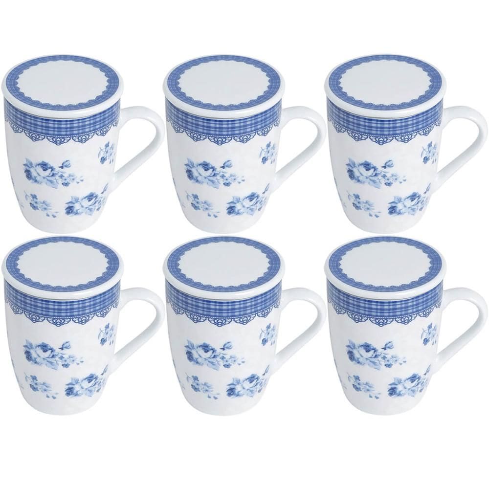 6 Xícaras de Chá Porcelana 310ml com Tampa Infusor Lyor Canecas Super White Grécia