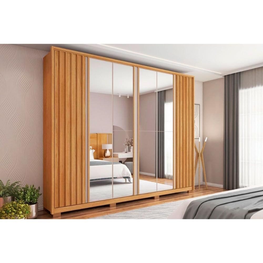 Guarda Roupa Casal 6 Portas e 4 Gavetas c/ Espelho Apollo Double Lux Freijo/Off White - Caemmun