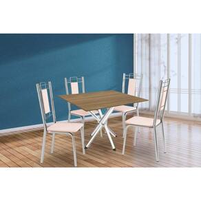 Sala de Jantar Completa Volga c/ Tampo de Madeira 90cm e 4 Cadeiras Lisboa Cromado/Nogueira - Bege - Kappesberg