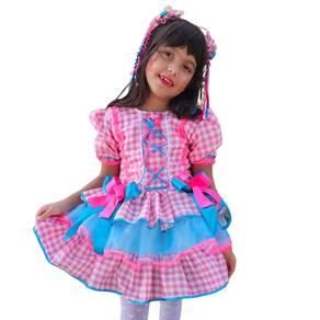 Vestido Junino Infantil Caipira Xadrez Rosa Saia em Camadas
