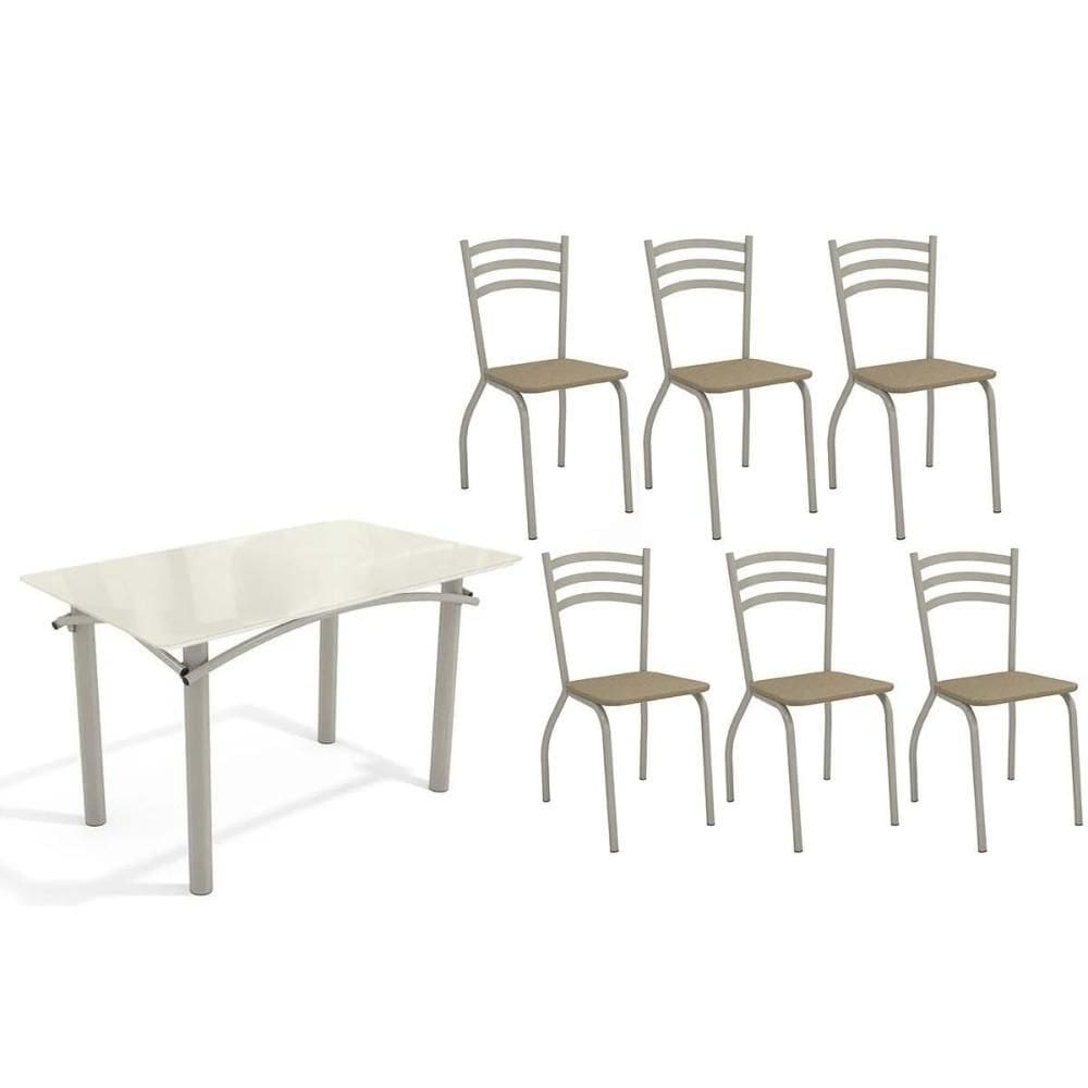 Sala de Jantar Completa Elba Tampo Madeirado c/ Vidro 120cm e 6 Cadeiras Portugal Niquel/Off White - Courano Capuccino - Kappesberg