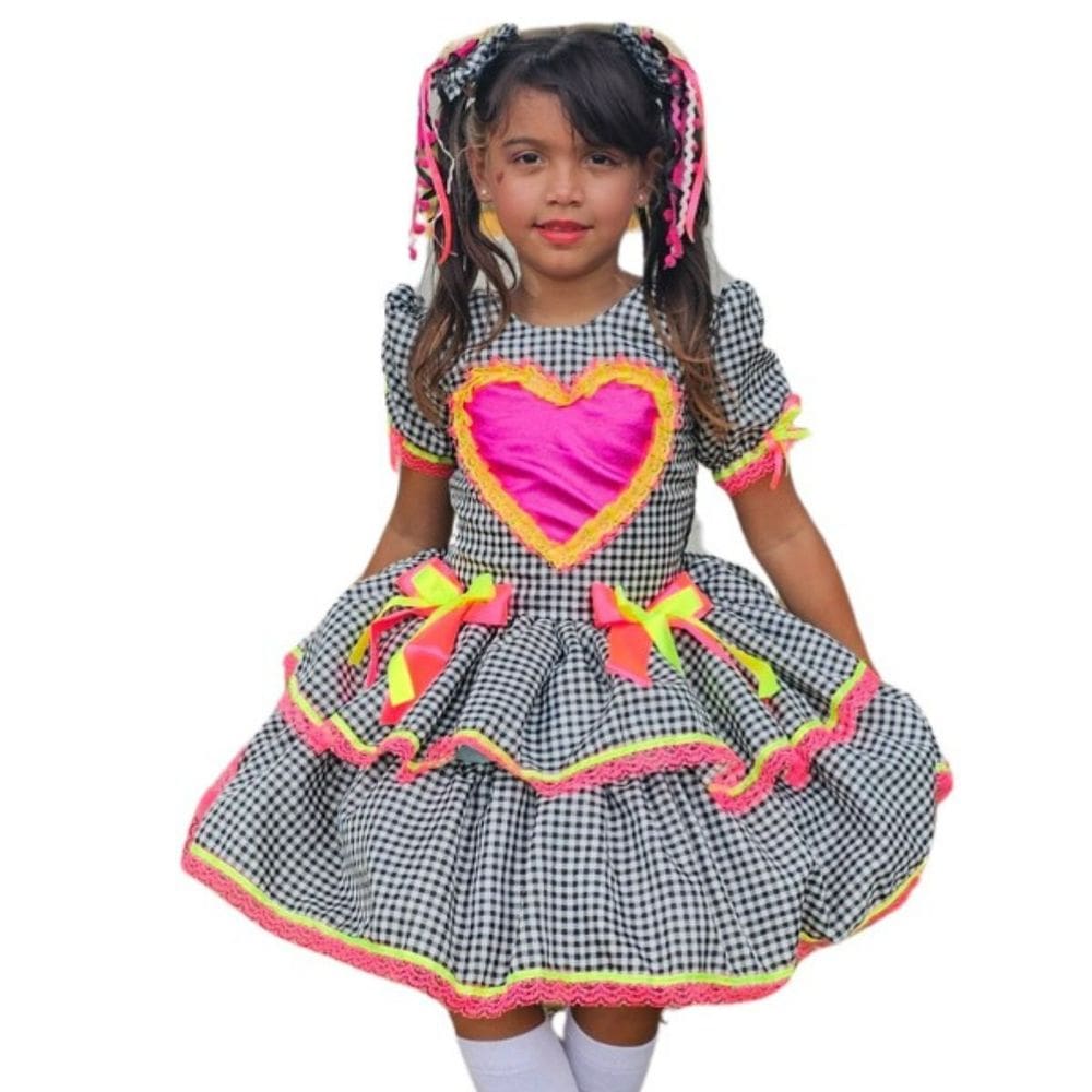 Vestido Junino Infantil Caipira Xadrez Preto Neon c/ Coração