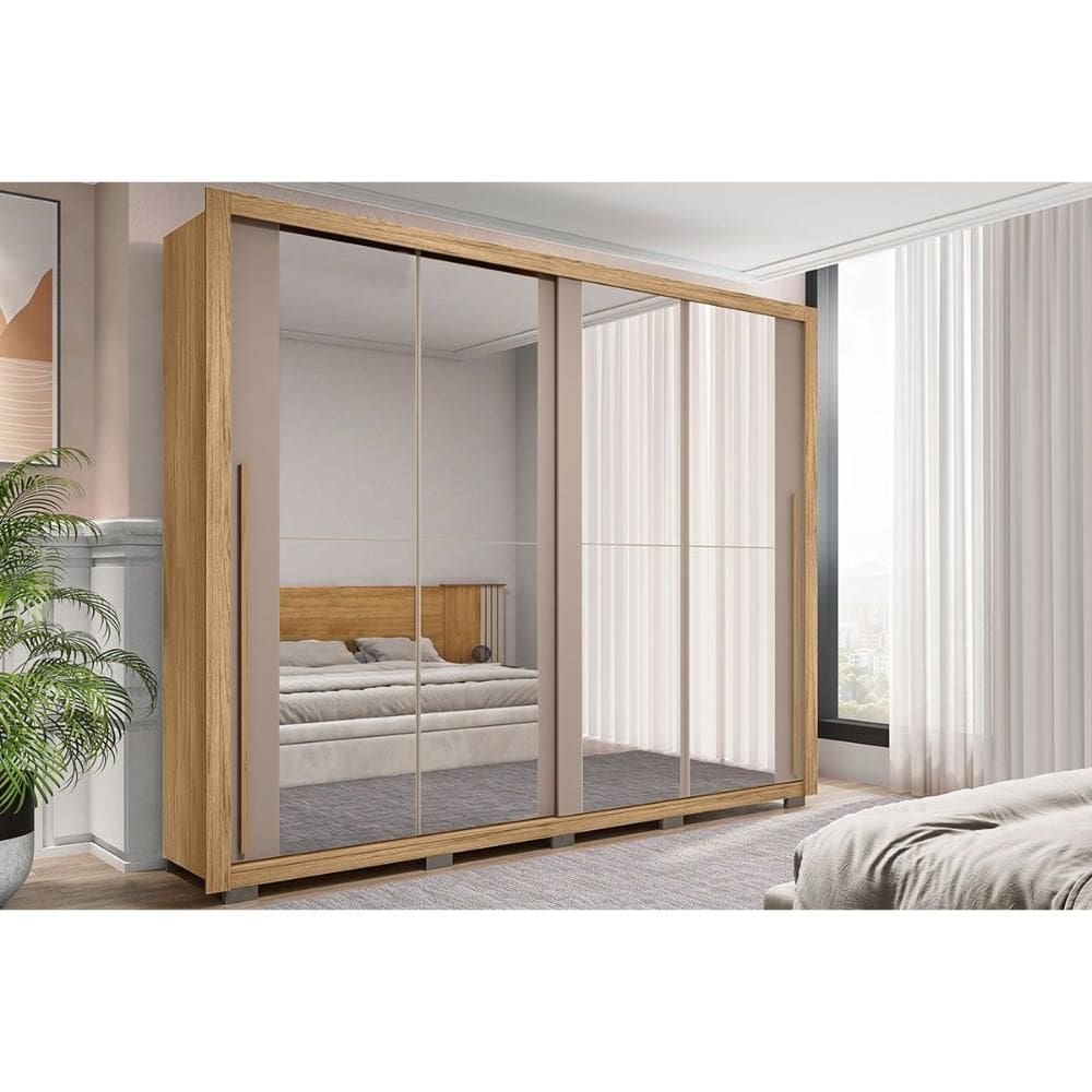 Guarda Roupa Casal 2 Portas de Correr c/ Espelho e 4 Gavetas Praticus Double Lux Buriti/Fendi - Caemmun