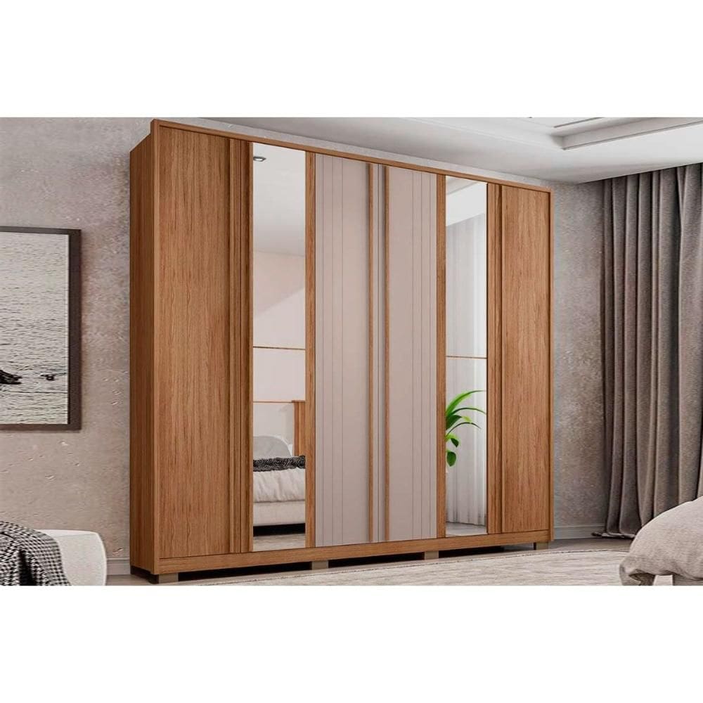 Guarda Roupa Casal 6 Portas e 4 Gavetas c/ Espelho Mozart Lux Buriti/Fendi - Caemmun