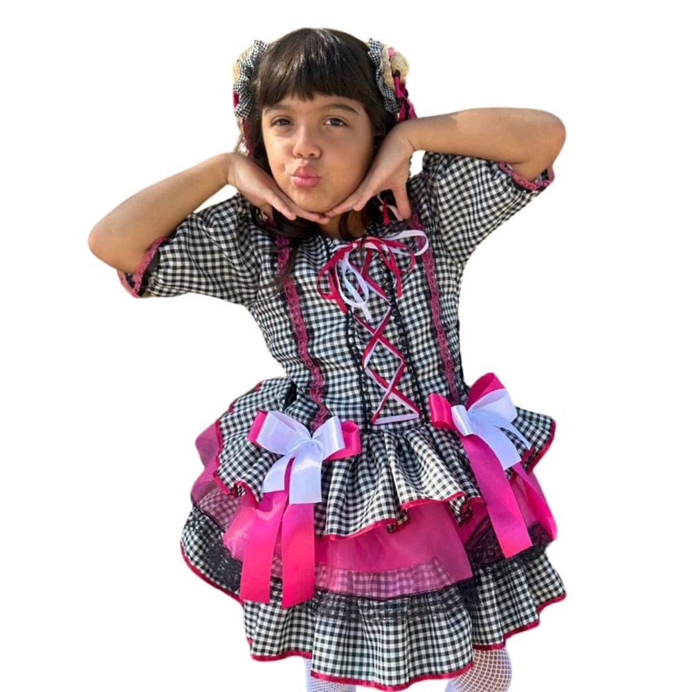 Vestido Junino Infantil Caipira Xadrez Preto com Rosa Luxo