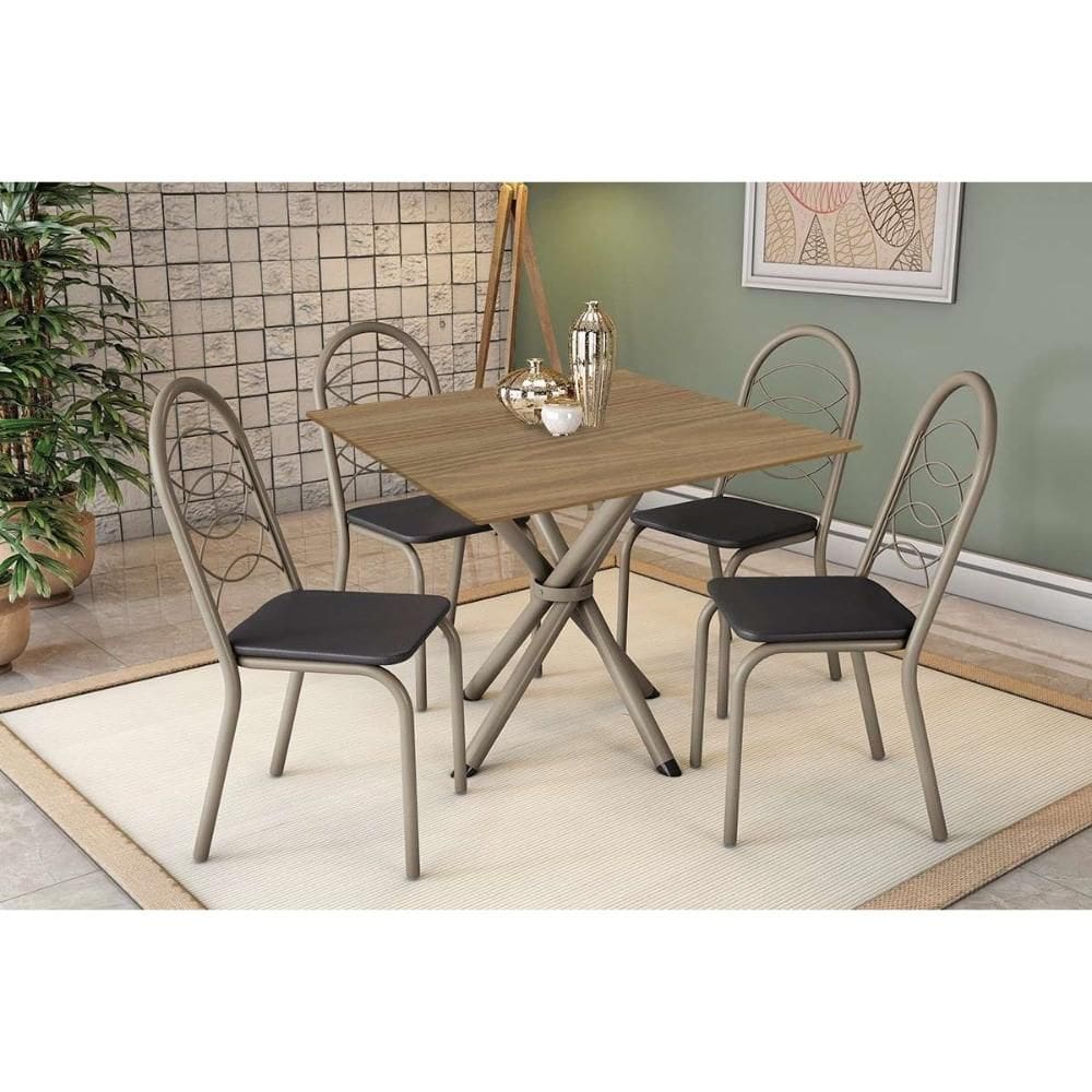 Sala de Jantar Completa Volga c/ Tampo de Madeira 90cm e 4 Cadeiras Holanda Niquel/Nogueira - Courano Preto - Kappesberg