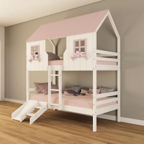 Beliche Casinha Encantada Com Kit Escada/ Escorregador Madeira Maciça Branco/ Rosa Housin