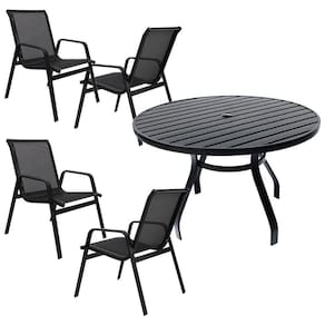 Conjunto De Mesa 1,20m Ripada + 4 Cadeiras Aluminio Piscina Jardim Preto
