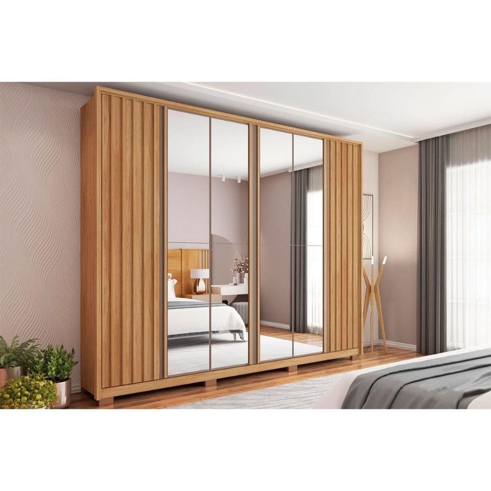 Guarda Roupa Casal 6 Portas e 4 Gavetas c/ Espelho Apollo Double Lux Buriti/Fendi - Caemmun