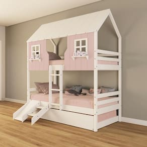 Treliche Casinha Encantada Com Kit Escada/ Escorregador Madeira Maciça Rosa/ Branco Housin