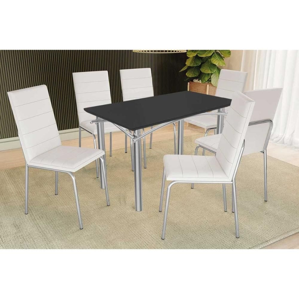 Sala de Jantar Completa Elba Tampo Madeirado c/ Vidro 120cm e 6 Cadeiras Amsterdã Cromada/Preto - Courano Branco - Kappesberg