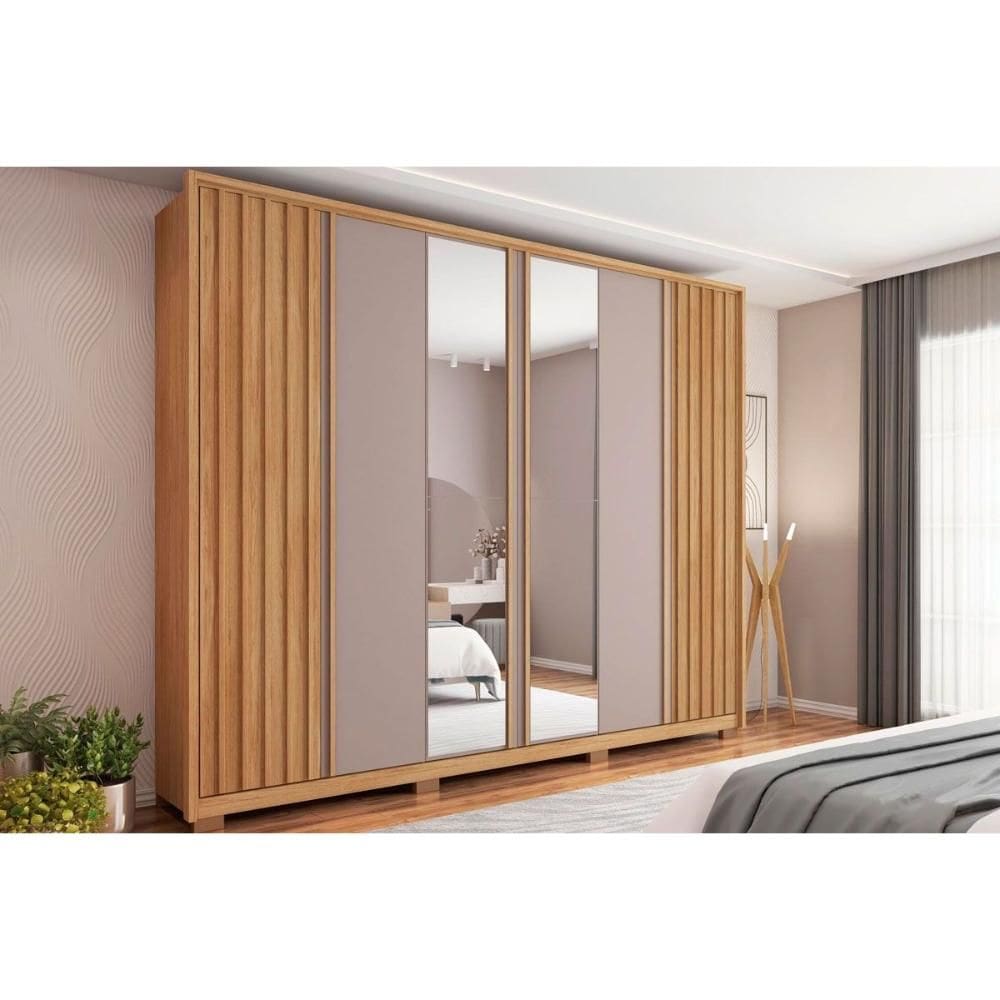 Guarda Roupa Casal 6 Portas e 4 Gavetas c/ Espelho Apollo Lux Buriti/Fendi - Caemmun