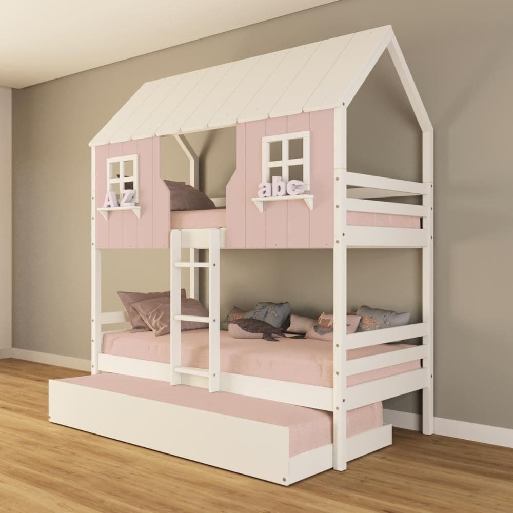 Treliche Casinha Encantada Madeira Maciça Rosa/ Branco Housin