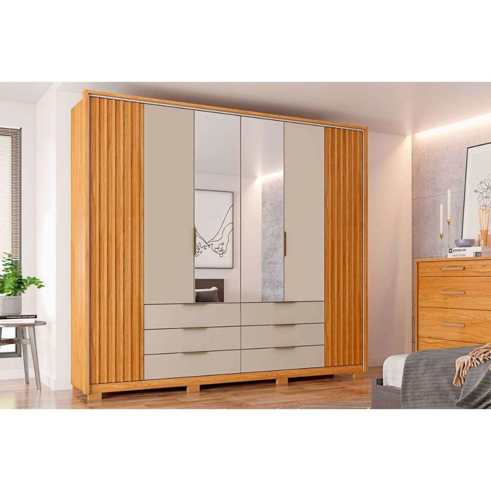 Guarda Roupa Casal 6 Portas (2 c/ Espelho) e 6 Gavetas Maximus Lux Freijo/Off White - Caemmun