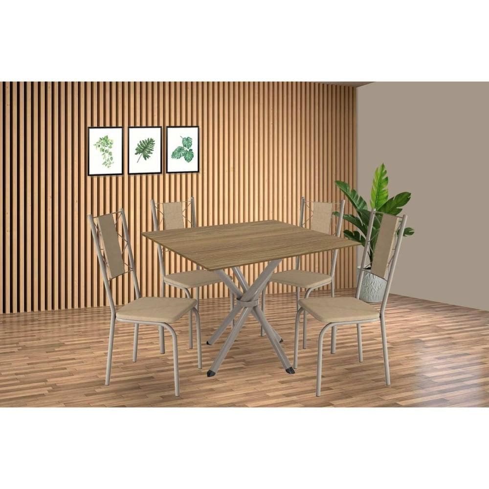 Sala de Jantar Completa Volga c/ Tampo de Madeira 90cm e 4 Cadeiras Lisboa Niquel/Nogueira - Bege - Kappesberg