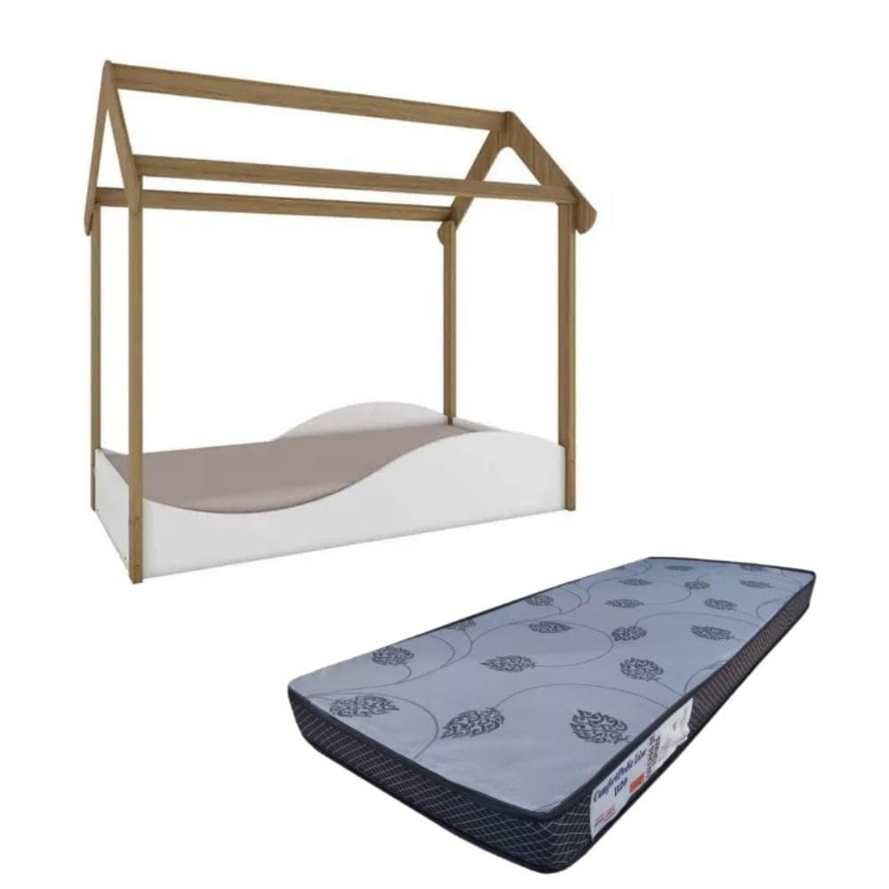 Kit Mini Cama Montessoriana  Branco Carvalho Colchão Incluso