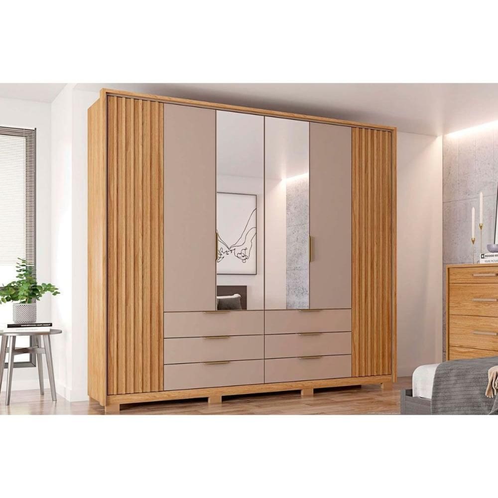 Guarda Roupa Casal 6 Portas (2 c/ Espelho) e 6 Gavetas Maximus Lux Buriti/Fendi - Caemmun