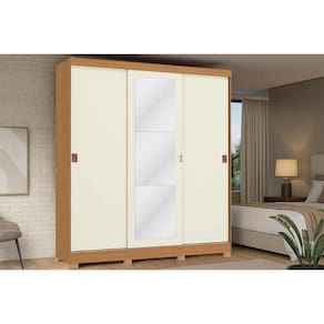 Guarda Roupa Casal 3 Portas de Correr (1 c/ Espelho) e 2 Gavetas c/ Pés CB01R589 Canela/Off White - Kappesberg