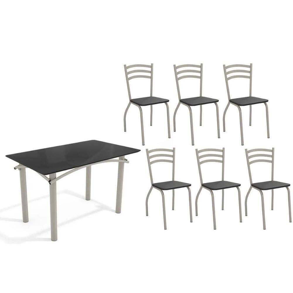 Sala de Jantar Completa Elba Tampo Madeirado c/ Vidro 120cm e 6 Cadeiras Portugal Niquel/Preto - Courano Preto - Kappesberg