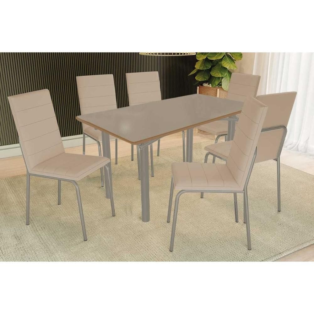 Sala de Jantar Completa Elba c/ Tampo de Vidro 140cm e 6 Cadeiras Amsterdã Niquel/Bronze - Courano Bege - Kappesberg