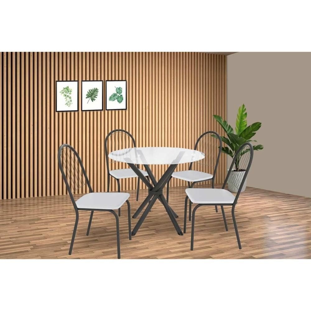 Sala de Jantar Completa Volga c/ Tampo de Vidro 95cm e 4 Cadeiras Noruega Preto - Branco - Kappesberg