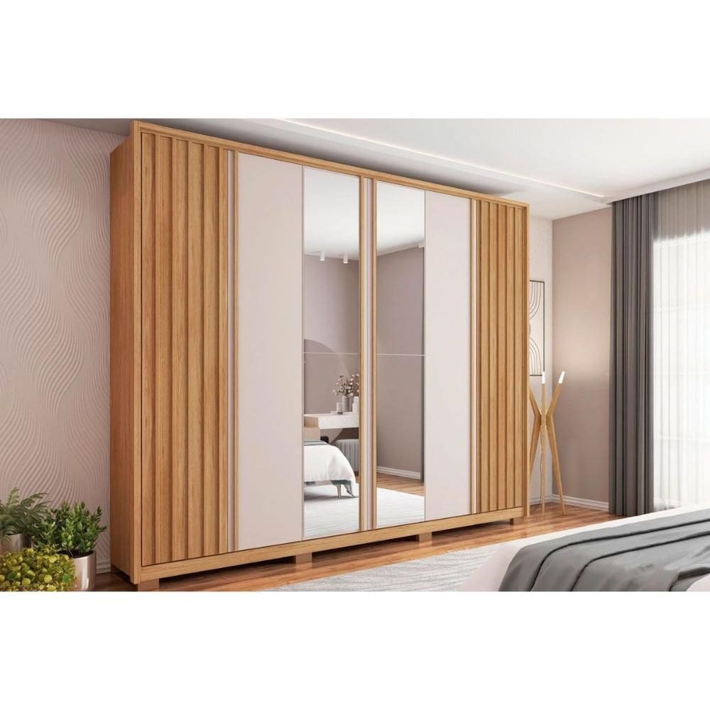 Guarda Roupa Casal 6 Portas e 4 Gavetas c/ Espelho Apollo Lux Buriti/Off White - Caemmun
