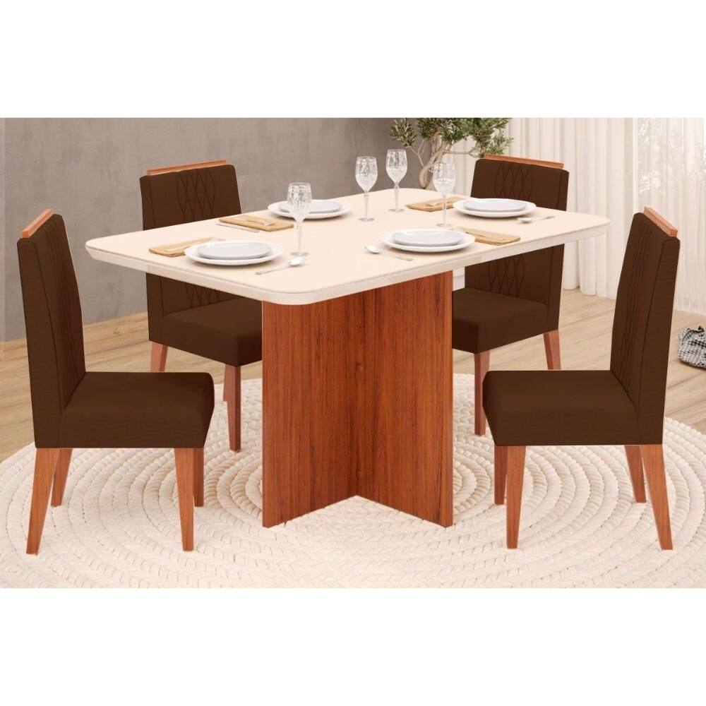 Sala de Jantar Completa Hera c/ Tampo Madeirado c/ Vidro 120x90cm e 4 Cadeiras Lia Freijó/Suede Moca - DJ Móveis