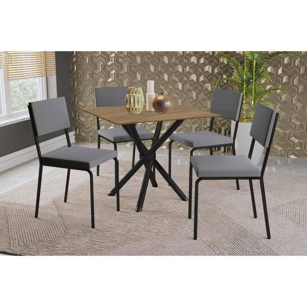 Sala de Jantar Completa Volga c/ Tampo de Madeira 90cm e 4 Cadeiras Zaria Preto/Nogueira - Suede Cinza - Kappesberg