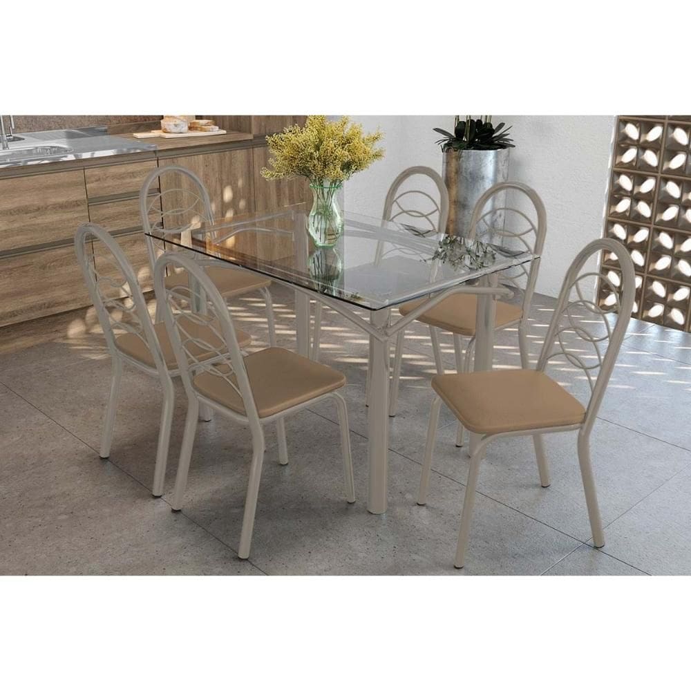 Sala de Jantar Completa Elba c/ Tampo de Vidro 120cm e 6 Cadeiras Holanda Niquel - Courano Capuccino - Kappesberg