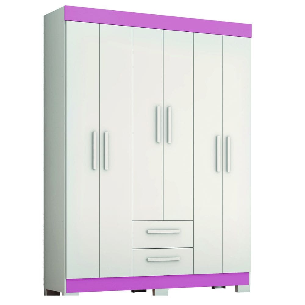 Guarda Roupas Casal Juvenil 6 Portas 2 Gavetas Líbano Branco / Rosa Notável