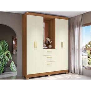 Guarda Roupa Casal 5 Portas e 2 Gavetas c/ 1 Espelho e Pés CB01R591 Canela/Off White - Kappesberg