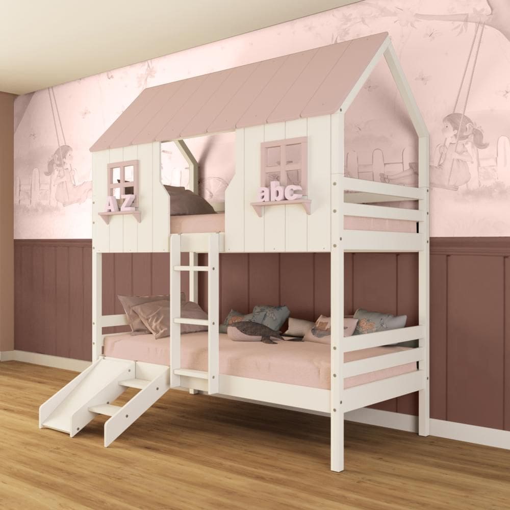 Beliche Casinha Encantada com Kit Escada/ Escorregador Madeira Maciça Branco/ Rosa Megamobilia