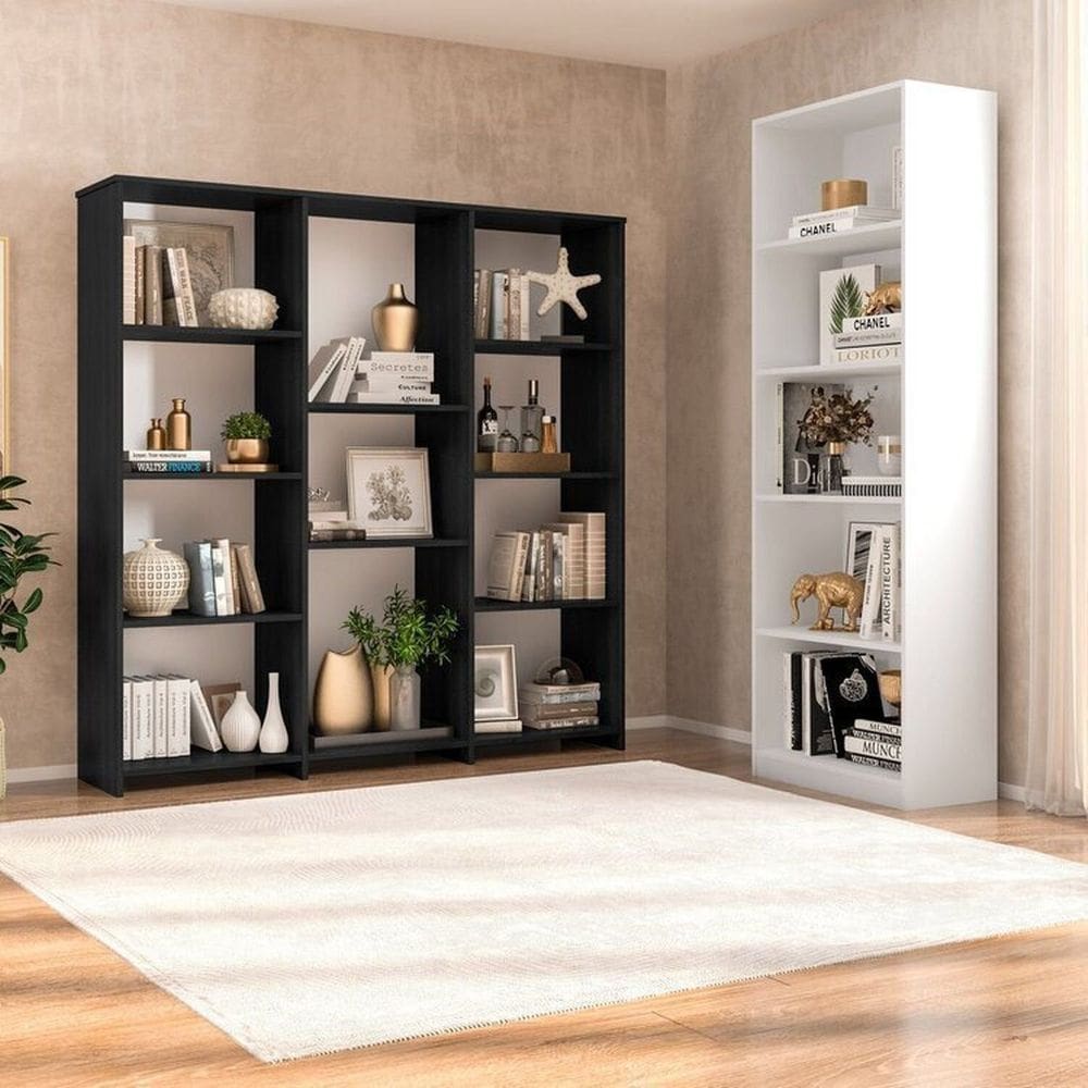 Conjunto com 1 Estante Livreiro 11 Nichos Odelia e 1 Estante Multiuso 5 Nichos Montreal Preto/Branco