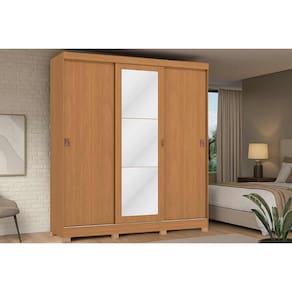 Guarda Roupa Casal 3 Portas de Correr (1 c/ Espelho) e 2 Gavetas c/ Pés CB01R589 Canela - Kappesberg