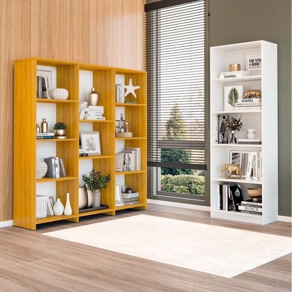 Kit com 1 Estante Multiuso 5 Nichos Montreal e 1 Estante Livreiro 11 Nichos Odelia Branco/Freijó