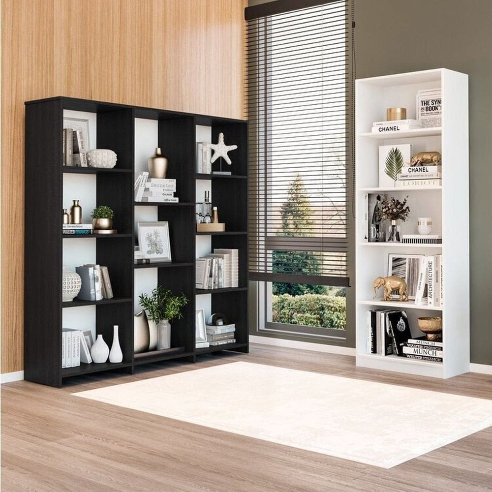 Kit com 1 Estante Multiuso 5 Nichos Montreal e 1 Estante Livreiro 11 Nichos Odelia Branco/Preto