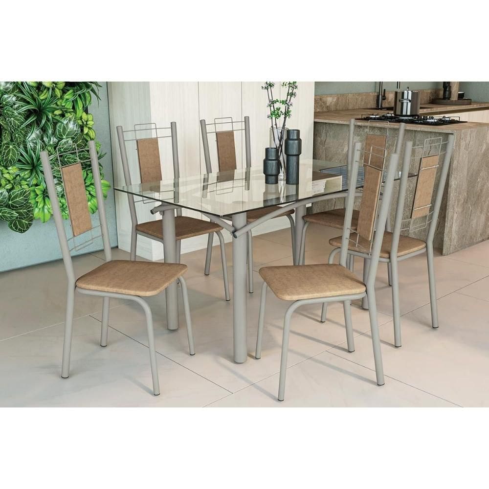 Sala de Jantar Completa Elba c/ Tampo de Vidro 150cm e 6 Cadeiras Florença Niquel - Courano Capuccino - Kappesberg