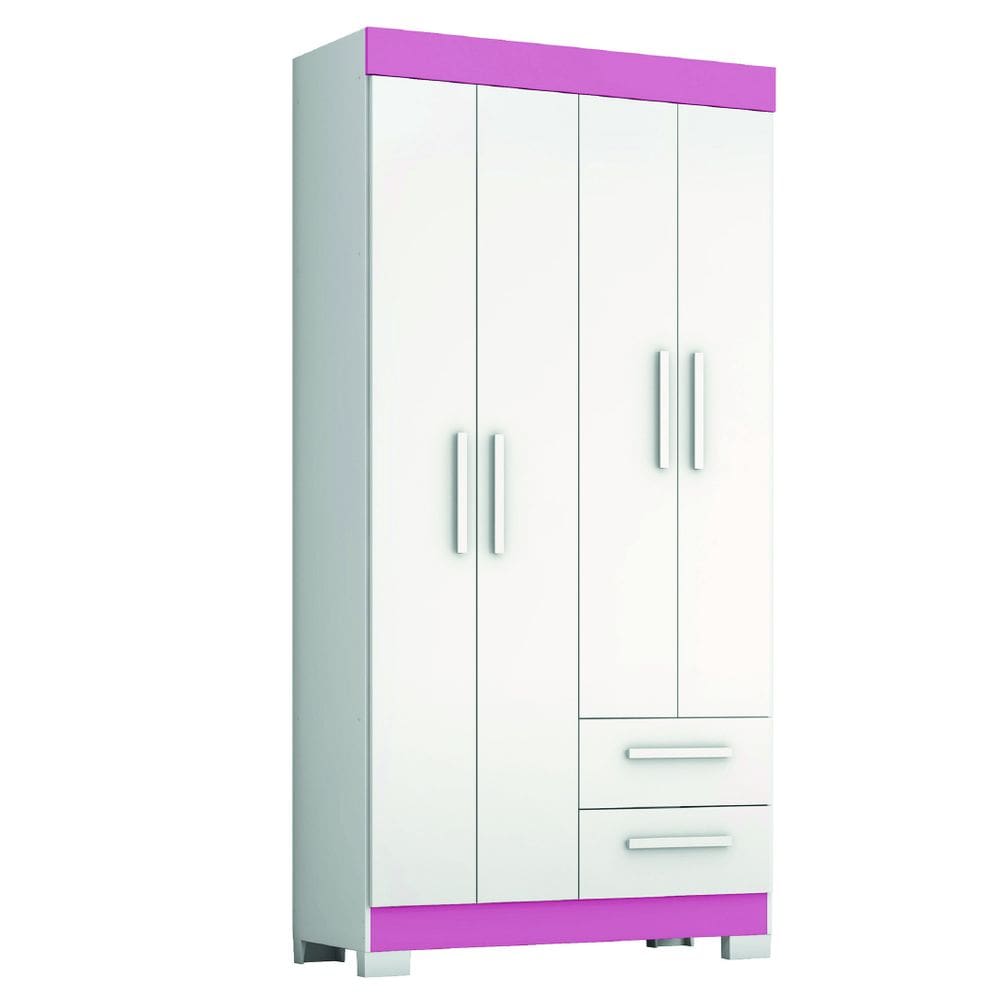 Guarda Roupas Solteiro Juvenil 4 Portas 2 Gavetas Malta Branco / Rosa Notável