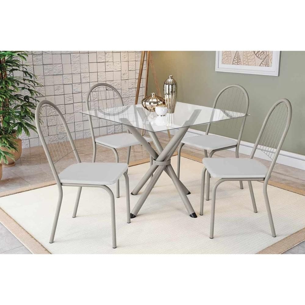 Sala de Jantar Completa Volga c/ Tampo de Vidro 90cm e 4 Cadeiras Noruega Niquel - Courano Branco - Kappesberg