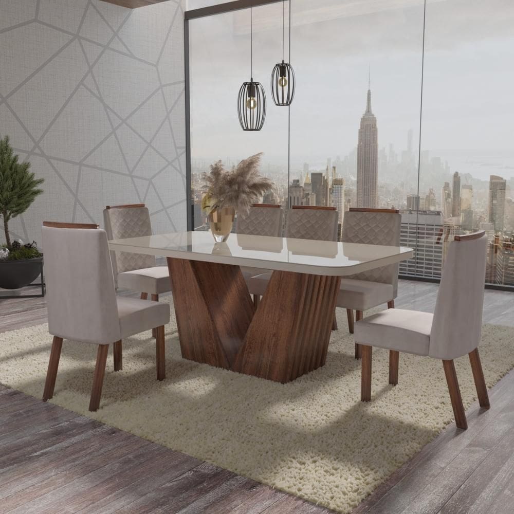 Sala de Jantar 180X90 Fenix Amêndoa Bom Pastor 6 Cadeiras