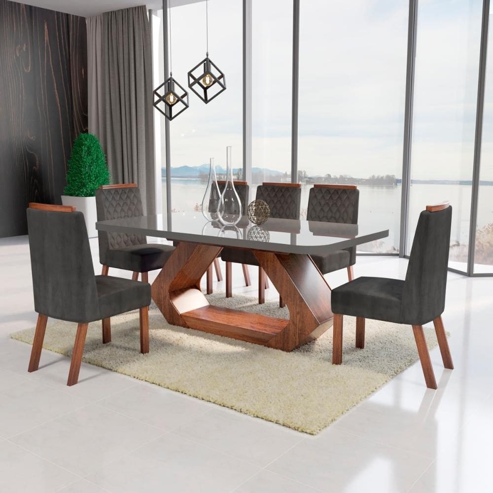 Sala de Jantar 180x90 Lottus MDF/Vidro 6 Cadeiras Bom Pastor