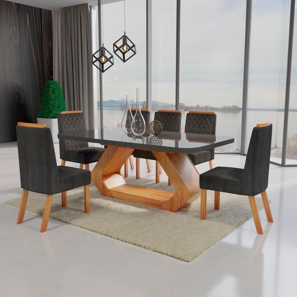 Sala de Jantar 180x90 Lottus MDF/Vidro 6 Cadeiras Bom Pastor