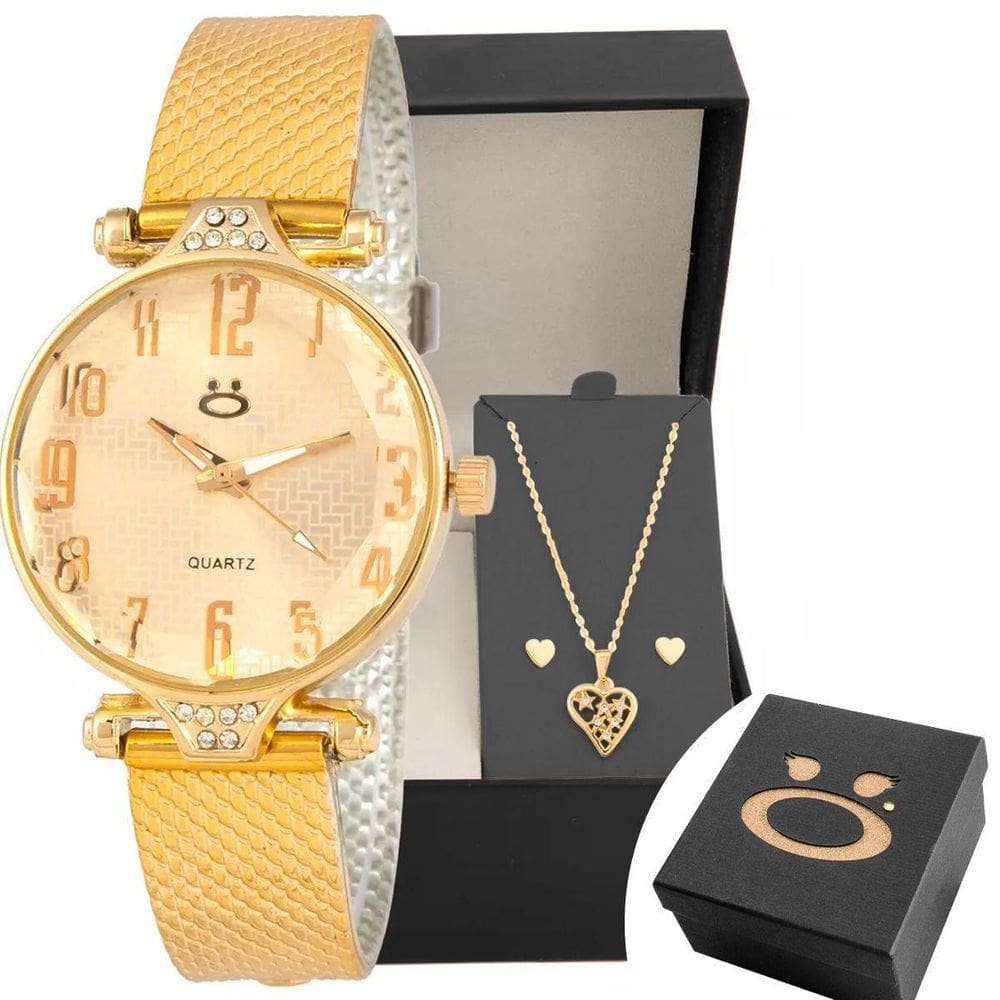 Relogio Feminino Dourado Aço + Brinco Colar Coração + Caixa