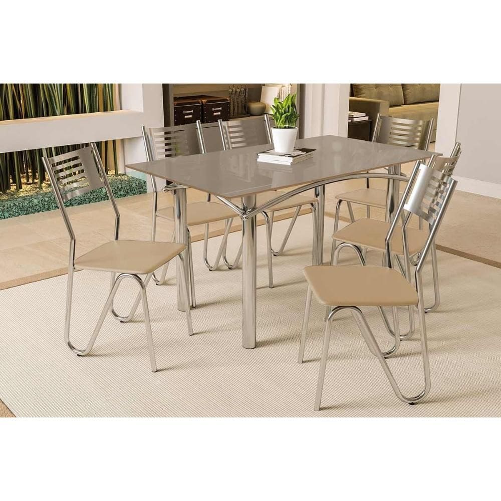 Conjunto: Mesa Sala Jantar Elba Tampo Madeirado c/ Vidro 160cm e 6 Cadeiras Nápoles Cromada/Freijo Bronze - Courano Bege - Kappesberg