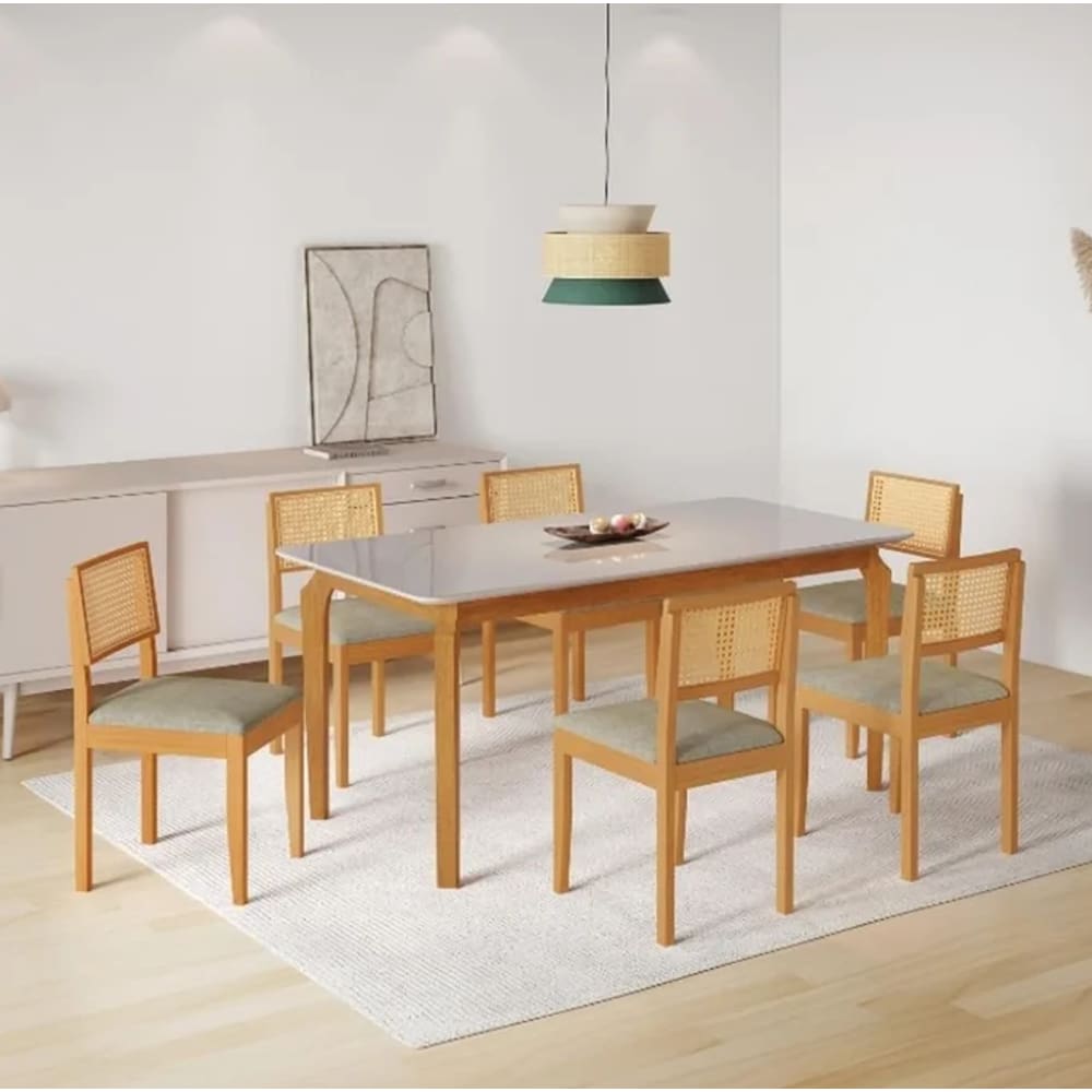 Mesa Alegra 6 Cadeiras Jade 1,60 Linho Cinza JCM - Cinamomo/Off