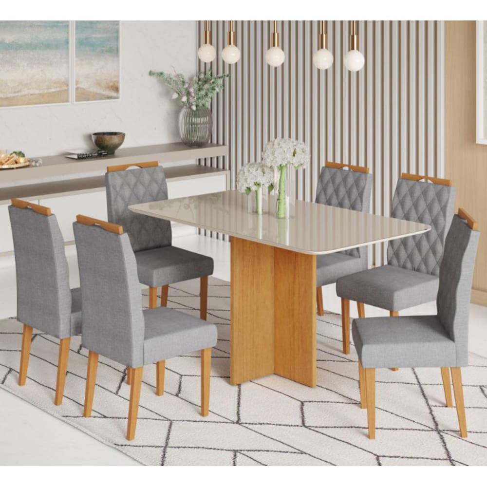 Mesa Robusta 1,60 6 Cadeiras Rubi Linho JCM - Cinamomo/Off