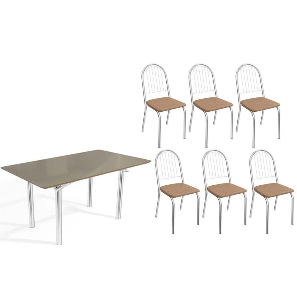 Conjunto: Mesa de Cozinha Elba Tampo Madeirado c/ Vidro 160cm e 6 Cadeiras Noruega Cromada/Freijo Bronze - Courano Capuccino - Kappesberg