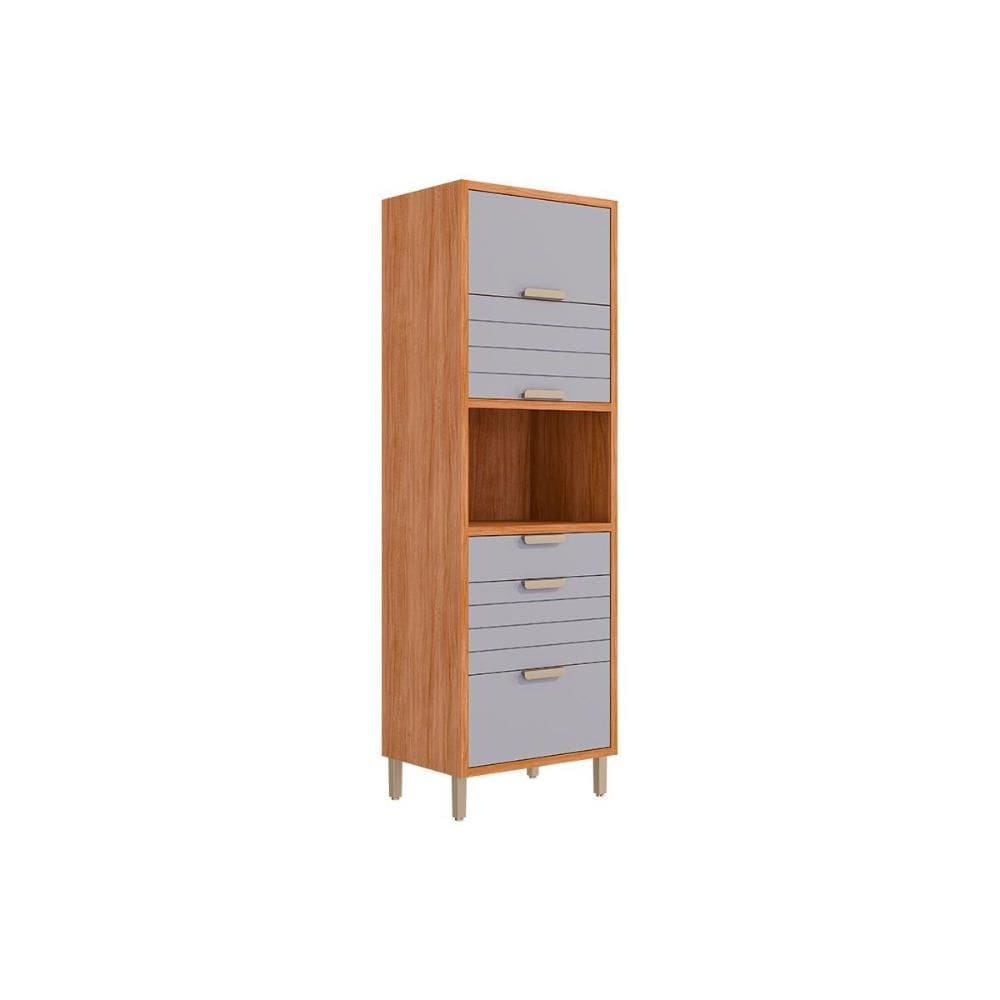 Torre Quente de Cozinha Paneleiro Eloise c/ 3 Portas Basculantes Riscadas 1 Nicho p/ Forno e 2 Gavetas 70 cm Cinamomo/Platina - MGM